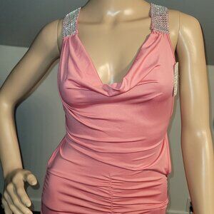 Sexy Women Pink Mini Stretch Backless Dress with Rhinestone Accent Small N7872